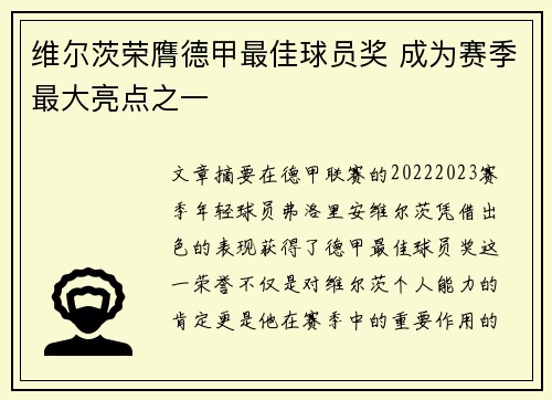 维尔茨荣膺德甲最佳球员奖 成为赛季最大亮点之一 维尔茨荣膺德甲最佳球员奖 成为赛季最大亮点之一
