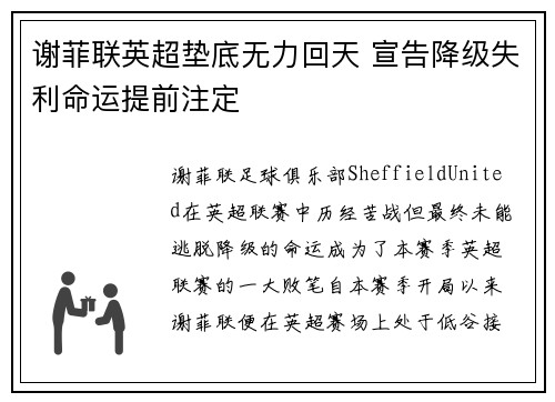谢菲联英超垫底无力回天 宣告降级失利命运提前注定 谢菲联英超垫底无力回天 宣告降级失利命运提前注定